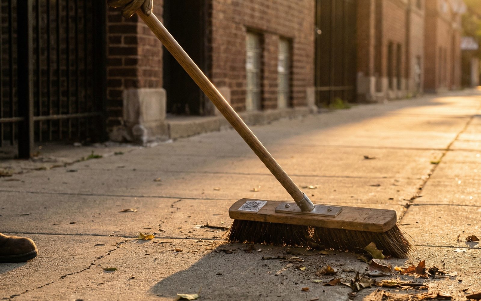 A push broom sweeping the sidewalk in front of a brick building